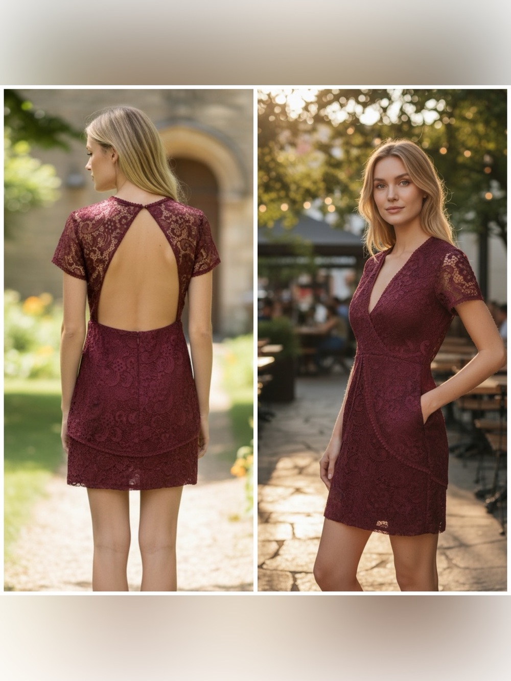 Wayf Burgundy Lace V-Neck Peplum Mini Dress with Open Back, Large